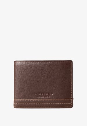 Brown leather wallet with a textured finish, featuring pronounced stitching and embossed "Lakeland Leather" branding on the front.