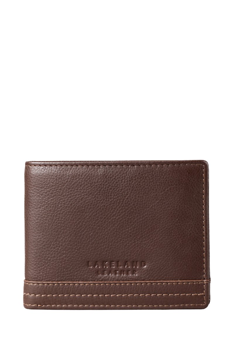 Brown leather wallet with a textured finish, featuring pronounced stitching and embossed "Lakeland Leather" branding on the front.