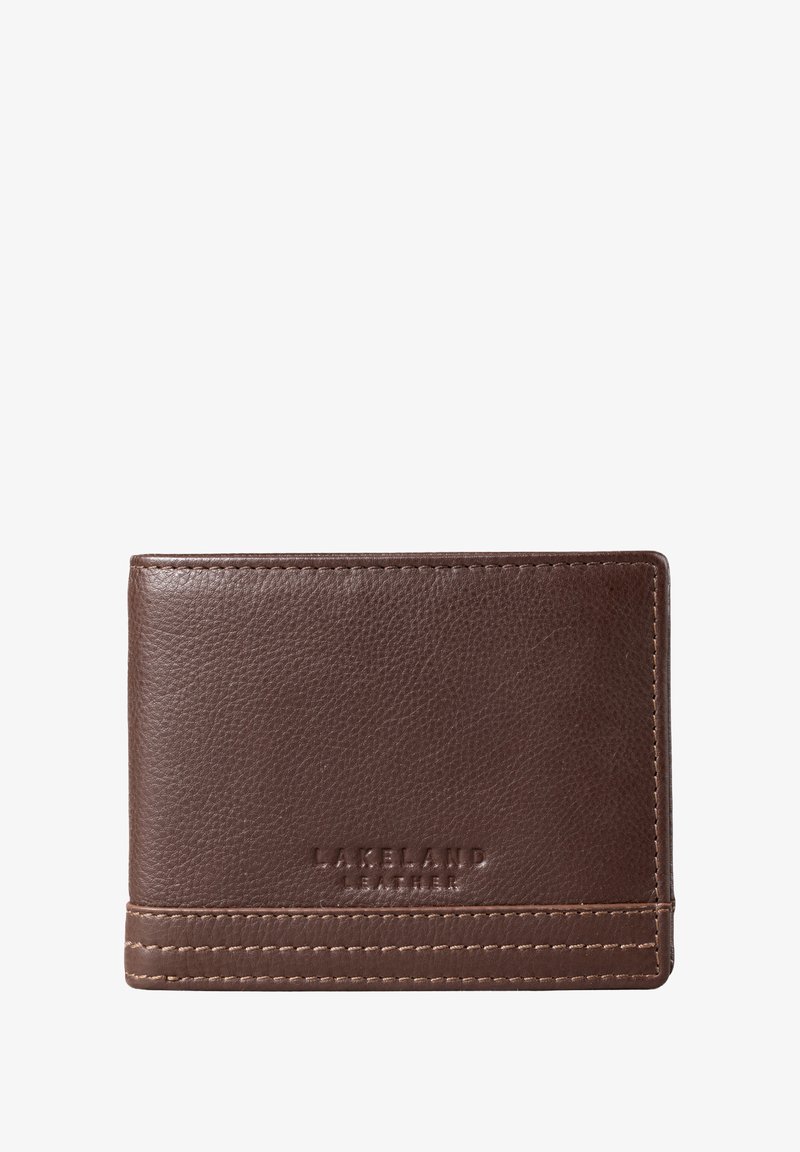 Brown leather wallet with a textured finish, featuring pronounced stitching and embossed "Lakeland Leather" branding on the front.