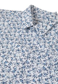 Camicia bianca con motivo floreale in blu chiaro e scuro, colletto a punta e maniche lunghe, etichettata Calliope Regular fit.