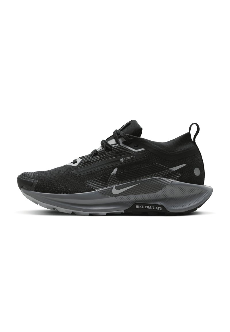 Zwarte Nike Trail ATC schoenen met een gestructureerde bovenkant, grijze accenten, een gevoerde zool en een waterdichte GORE-TEX-label aan de zijkant.