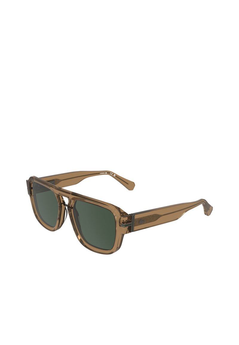 Brown translucent square sunglasses with dark green lenses and a slightly thick frame and arms.