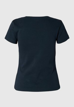 T-shirt manches courtes bleu marine foncé avec un col rond et un tissu doux et léger en mélange de coton. Aucun motif ni accent notable.