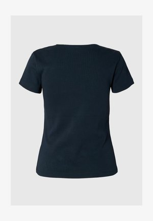 T-shirt manches courtes bleu marine foncé avec un col rond et un tissu doux et léger en mélange de coton. Aucun motif ni accent notable.