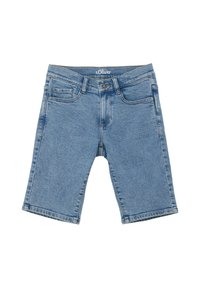 Shorts en denim bleu clair, coupe droite, avec cinq poches et un zip. Couture décorative près des poches et de la taille.