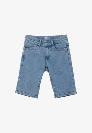 Hellblaue Denim-Shorts mit geradem Schnitt, fünf Taschen und einem Reißverschluss. Dekorative Nähte in der Nähe der Taschen und am Bund.