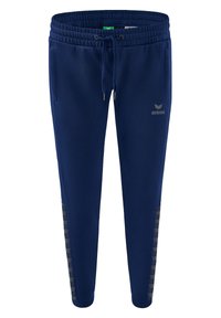 Pantalons de survêtement bleu marine avec taille élastique et cordon de serrage. Présente un logo sur le côté et des accents à motifs le long de la jambe. Tissu doux.