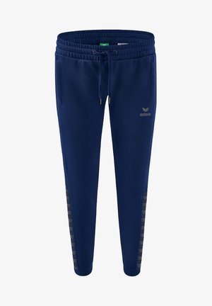 Dunkelblaue Sweatpants mit elastischem Bund und Kordelzug. Verfügt über ein seitliches Logo und gemusterte Akzente entlang des Beins. Weicher Stoff.