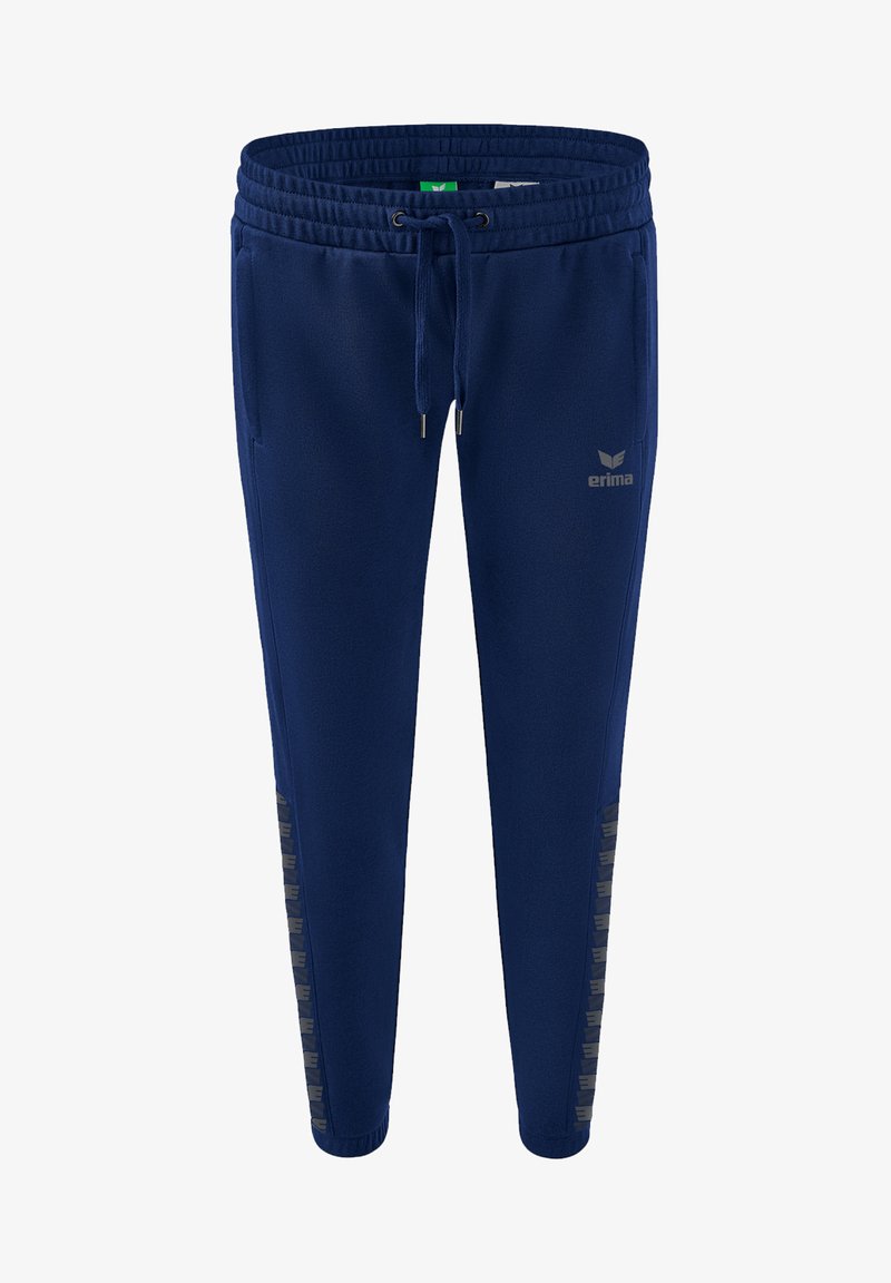 Marineblauwe sweatpants met een elastische tailleband en trekkoord. Bevat een logo aan de zijkant en patroonaccenten langs het been. Zachte stof.