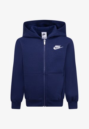 Tume sinine sviiter, millel on ees tõmblukk, kaks taskut ja valge Nike logo vasakul rinnal. Valmistatud pehmest, tekstureeritud materjalist.