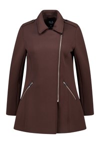 Dames donkerbruin tailleurjasje met asymmetrische voorklep en ritszakken aan de zijkant, voorzien van een brede kraag en schouderepauletten.