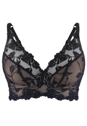 Bralette en dentelle noire avec broderie florale, panneaux en mesh transparent et bords festonnés. Bretelles ajustables et décolleté en V pour plus de détails.