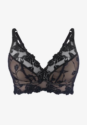 Bralette en dentelle noire avec broderie florale, panneaux en mesh transparent et bords festonnés. Bretelles ajustables et décolleté en V pour plus de détails.