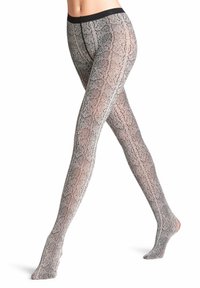 Collant neri e grigi con un motivo a pelle di serpente, texture trasparente e una vita nera solida, aderenti alla gamba.