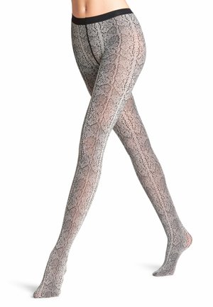 Zwarte en grijze patterntights met een slangenhuiddesign, transparante textuur en een effen zwarte tailleband, nauw aansluitend op het been.