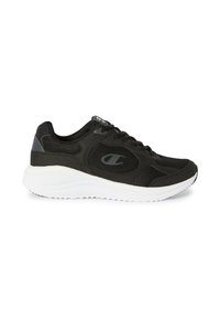 Czarne sportowe sneakersy z oddychającą siateczką, białą gumową podeszwą i textured akcentami. Posiadają zaokrąglony czubek i sznurowany design.