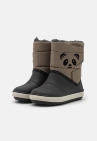 Brown fabric boots with black rubber soles, featuring a panda face design on the side and a gray, fuzzy lining for warmth.