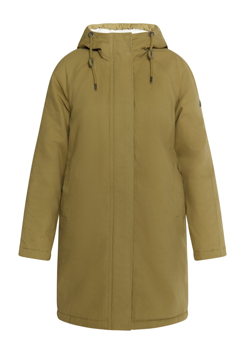 Olivgrüner Parka mit Kapuze, ausgestattet mit einem Frontreißverschluss, verstellbaren Kordeln und Seitentaschen; glatte Stoffstruktur, mittellange Länge.