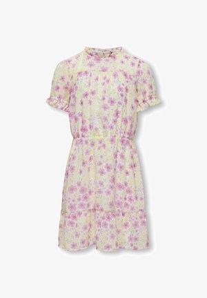 Robe à manches courtes pour filles avec imprimé floral rose et jaune, taille élastique, manches à volants et petit volant sur l'ourlet.