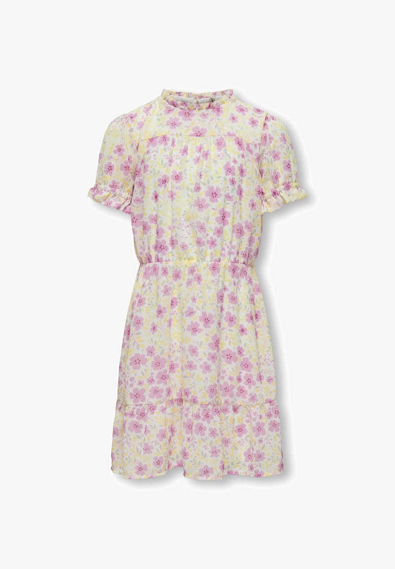 Robe à manches courtes pour filles avec imprimé floral rose et jaune, taille élastique, manches à volants et petit volant sur l'ourlet.
