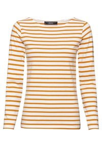 Koszula w paski z długim rękawem w kolorach białym i żółto-pomarańczowym, z dekoltem w kształcie łódki i dopasowanym krojem. Wykonana z miękkiej tkaniny o gładkiej fakturze.
