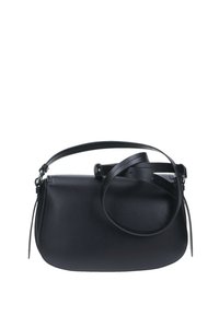Borsa a tracolla in pelle nera con finitura liscia, forma semi-ovale, tracolla removibile e chiusura a zip. Design semplice e minimalista.