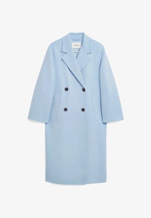 Lichtblauwe wolblend jas met een dubbelzijdig ontwerp, metstaande revers, twee voorzakken en donkere knopen, met een relaxte pasvorm.