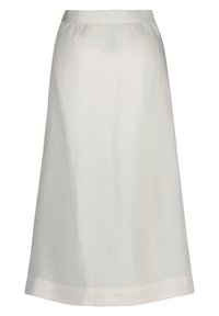 Jupe midi blanche en tissu léger avec une taille élastique. Présente une texture lisse et une silhouette droite avec un ourlet discret.