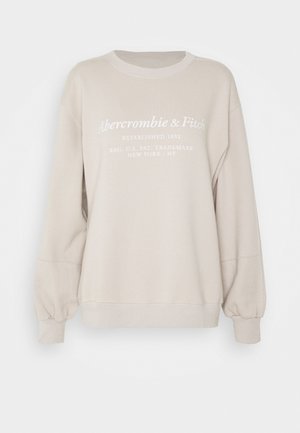 Light beige crewneck sweatshirt with puffed long sleeves and white "Abercrombie & Fitch" text printed on the chest.