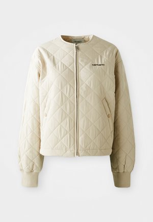Beige quilted jacket with a round collar, front zipper, and patch pockets. Elastic cuffs and hem, featuring a logo on the left chest.