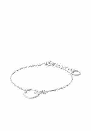 Delicate silver chain bracelet with a textured circular charm and adjustable clasp on a white background.
