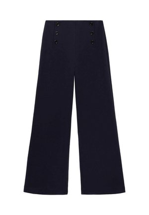 Pantalon large marine en tissu doux, doté d'une taille haute, de deux rangées de boutons noirs, et d'une texture lisse.