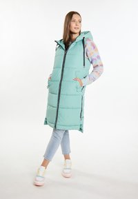 Gilet imbottito turchese con cappuccio, chiusura con zip, due tasche laterali e un profilo lungo. Presenta maniche colorate e a fantasia sotto.