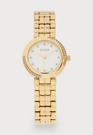 Gold-tone wristwatch featuring a round face with white dial, studded hour markers, and a reflective bezel. Square-link bracelet design.
