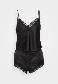 Sort satin camiset med leopardmønster, delikat blonder trim på halsudskæringen og shortsene, med justerbare spaghetti-stropper.