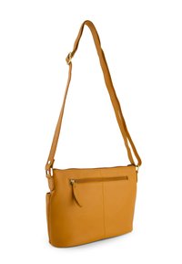 Gul læder crossbody taske med justerbar rem, der har en lynlåslukket forlomme og en glat tekstur. Enkel rektangulær form.