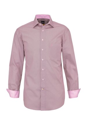 Camicia da uomo a maniche lunghe con bottoni, caratterizzata da un piccolo motivo geometrico bianco e nero, fodera del colletto e polsini rosa chiaro, su sfondo bianco.