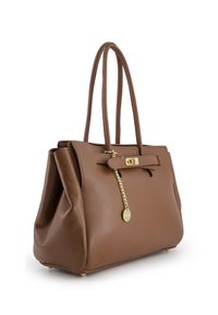 Braune Lederhandtasche mit zwei langen Griffen, goldenen Beschlägen, Kettenakzent und einer strukturierten Form. Texturierte Oberfläche mit glatter Verarbeitung.