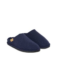 Pantofole in lana navy con una consistenza morbida, apertura sul retro e soletta in gomma nera. Presenta una piccola etichetta beige sul lato.