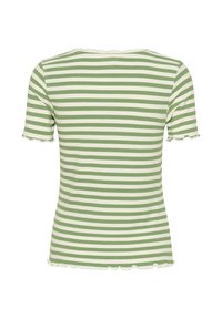 Grün-weiß gestreiftes Kurzarmtop mit wellenförmigem Saum und strukturiertem, geripptem Stoff. Rückansicht.