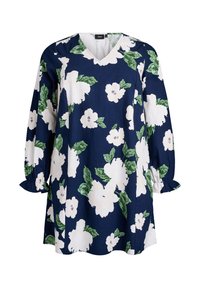 Dunkelblaues Blumenkleid mit weißen Blumen und grünen Blättern. Hat einen V-Ausschnitt und lange Ärmel mit einer gerafften Manschette.