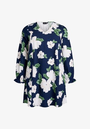 Marineblå blomsterkjole med hvide blomster og grønne blade. Har en V-halsudskæring og lange ærmer med et samlet manchetdetalje.