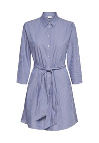 Vestito camicia a strisce verticali blu e bianche con maniche lunghe, apertura con bottoni, colletto e cintura in vita.