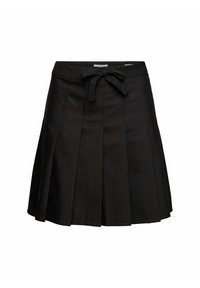 Jupe plissée noire avec une taille à nouer, fabriquée dans un tissu lisse, avec des coutures verticales et une silhouette en A.