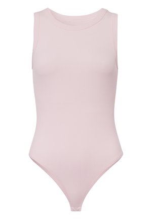Pink ribbed bodysuit featuring a round neck and sleeveless design, with a thong-style bottom and smooth texture throughout.