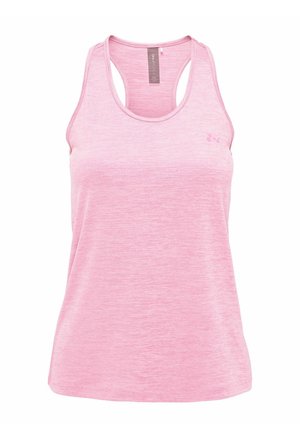 Jasnoróżowy damski sportowy top bez rękawów z dekoltem typu racerback i małym logo na górnej lewej części klatki piersiowej.