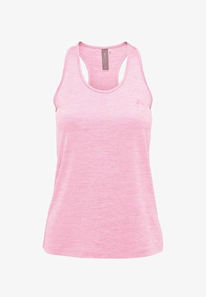 Jasnoróżowy damski sportowy top bez rękawów z dekoltem typu racerback i małym logo na górnej lewej części klatki piersiowej.