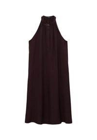 Ärmelloses, dunkelburgunderfarbenes Kleid mit einem hohen Kragen, Raffung, einem Knopfverschluss am Hals und einem glatten, fließenden Stoff.