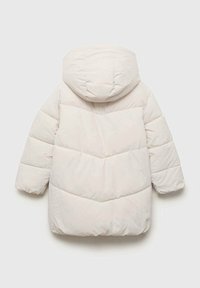 Bijela pufasta jakna s kapuljačom, s ukrasnim prošivenim dizajnom i lagano oversized krojem. Glatka tekstura i bez vidljivih dijelova od hardvera.