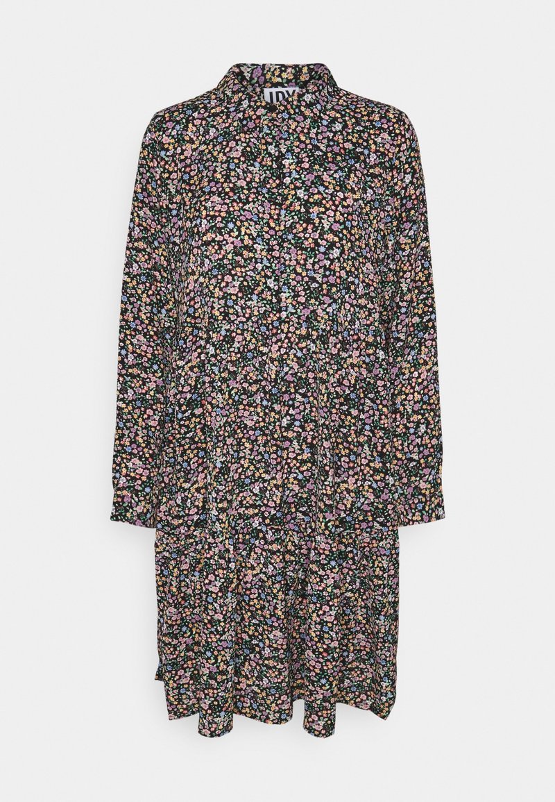 Robe noire à manches longues avec un petit motif floral multicolore et un col montant, boutonnée à l'avant.